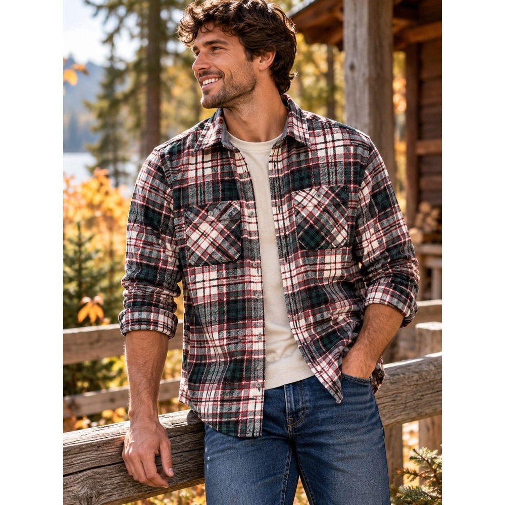 Men's Plaid Flannel Shirt Small Green Red Gray Cabin Outdoors Cabin Grunge